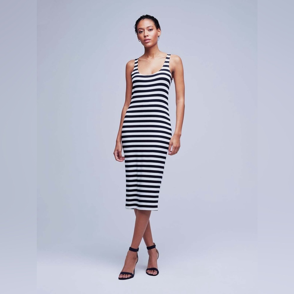 L’AGENCE Ivanna Navy & White Striped Ribbed Midi Tank Dress XS
